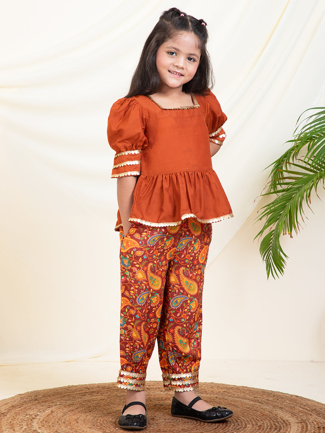 Solid Peplum Top With Abstract Printed Sharara