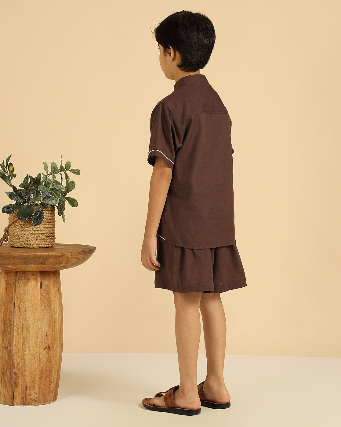 Brown Pure Cotton Embroidered Shirt With Shorts Boys Co-Ord Set