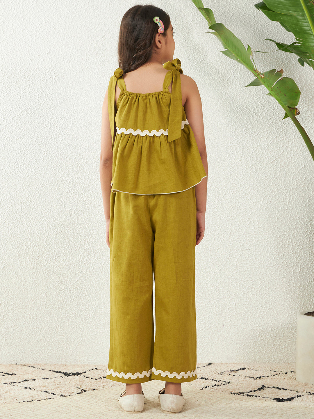 Olive Green Cotton Flex Shoulder Straps Top With Pant Set