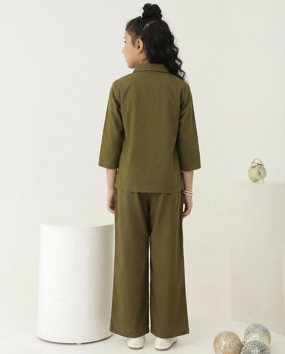 Olive Green Cotton  Patch Floral Shirt With Pant Girl Co-ord Set