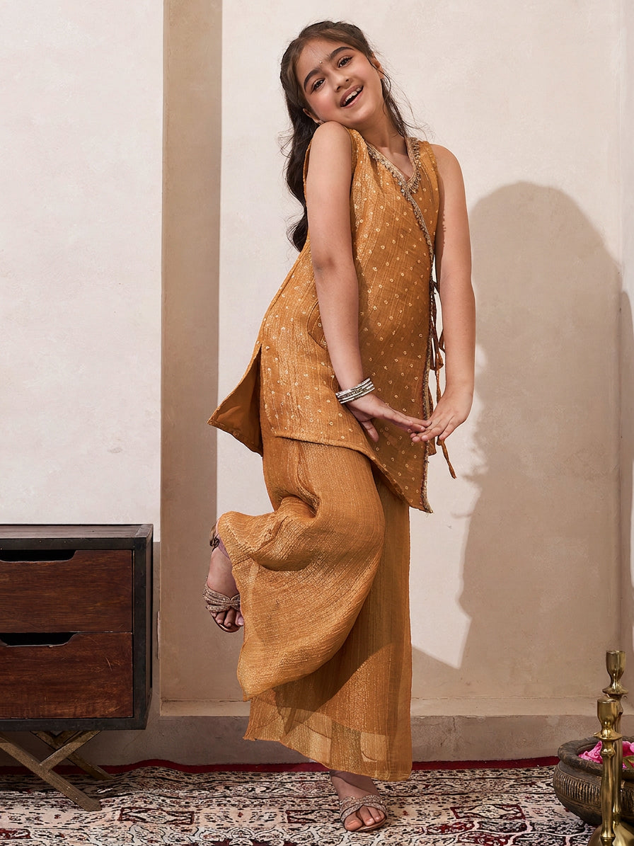Golden Solid Shimmer Butta Angrakha & Palazzo Set