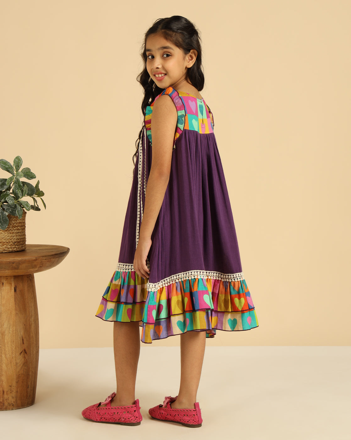 Multi-Color Heart Printed Tiered Girls Dress