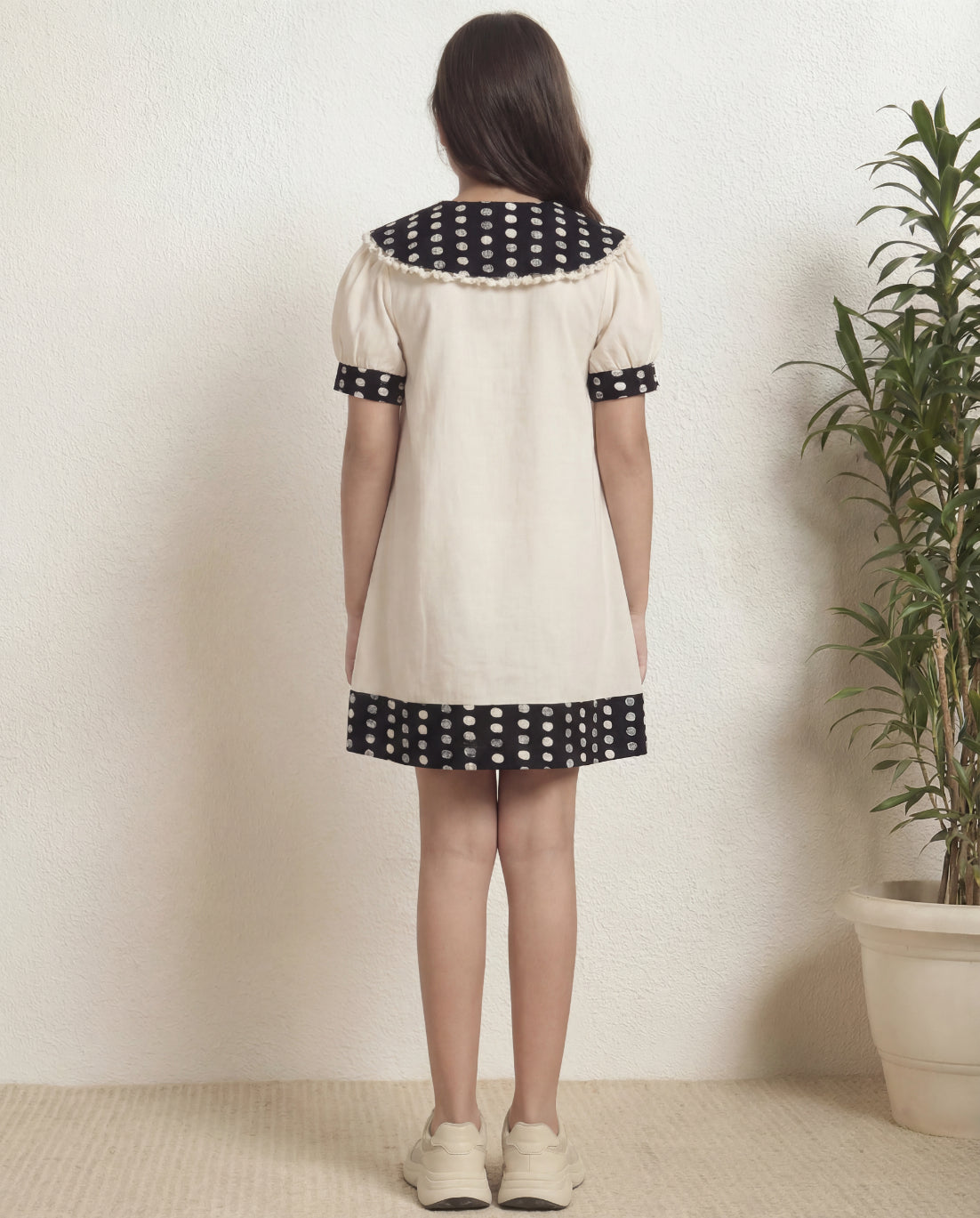 Off White Cotton With Black Polka Girls A-Line Dress