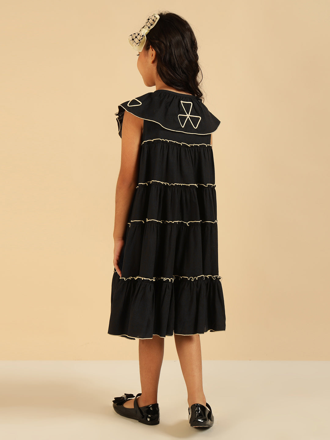 Pure Cotton Black Embroidered Tiered Girls Dress