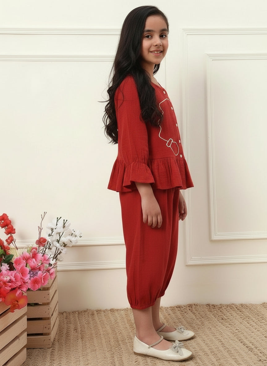 Red Cotton Round Neck Top With Pant Co-ord Set