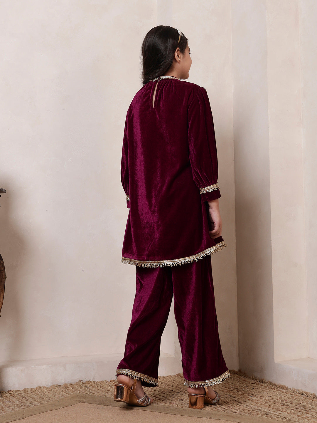 Velvet Band Collar Fusion Kurta Set