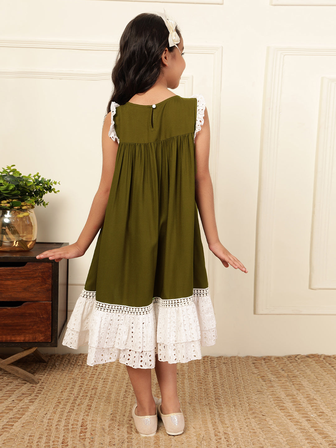 Olive Green Schiffli Tiered Dress