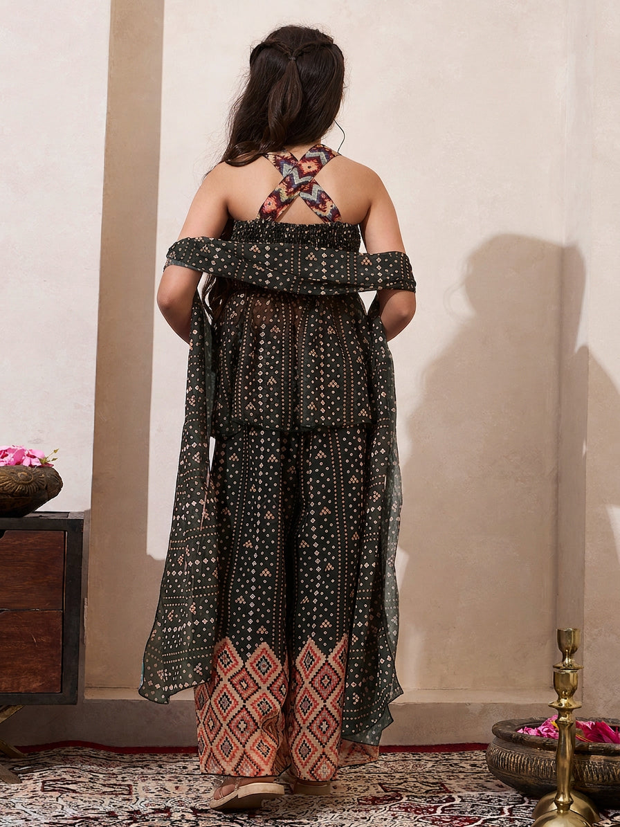 Black Bandhani Border Chiffon Peplum Top & Palazzo With Dupatta