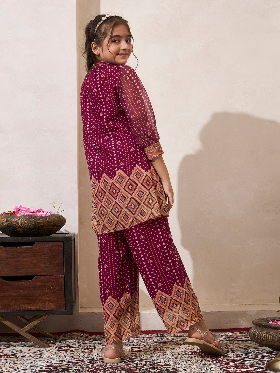 Wine B&hani Gathered Neck Kurta With Pant