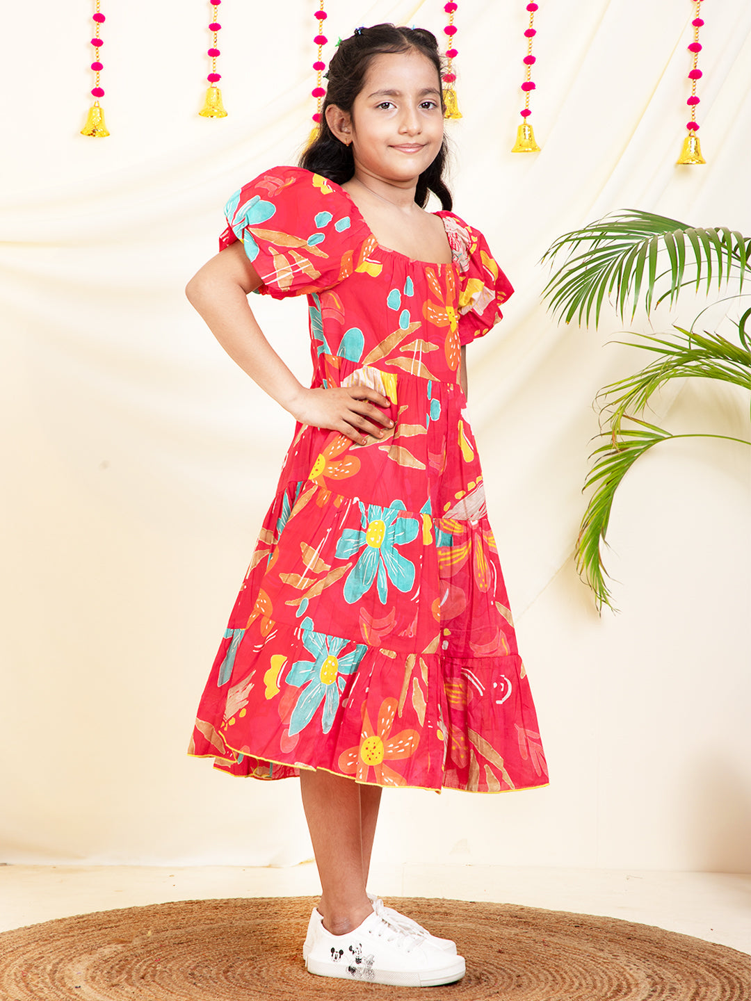 Leaf Printed Tiered Girls Dress