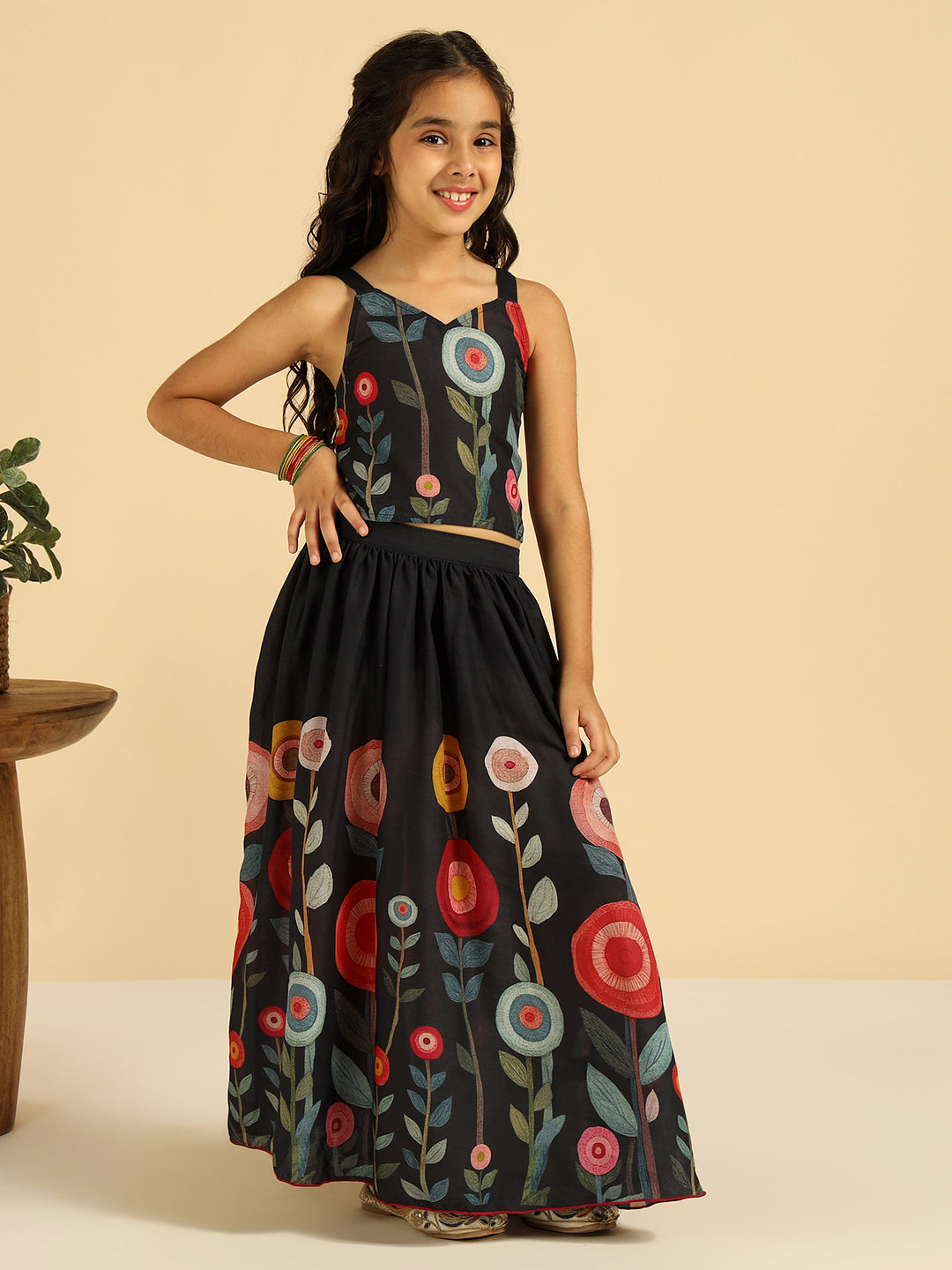 Black Floral Top With Skirt Indo Western Girls Co-Ord Set