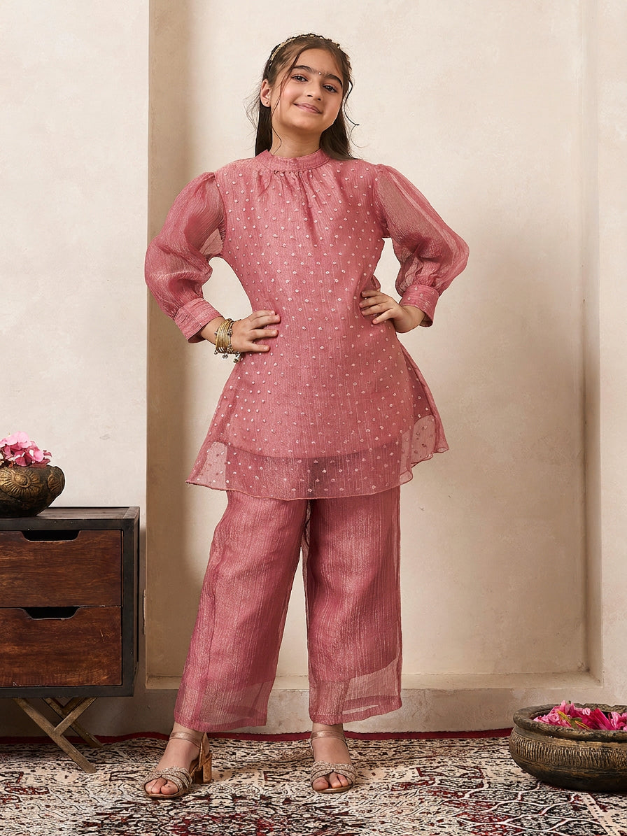 Pink Solid Shimmer Butta Work Gathered Neck Kurta With Pant