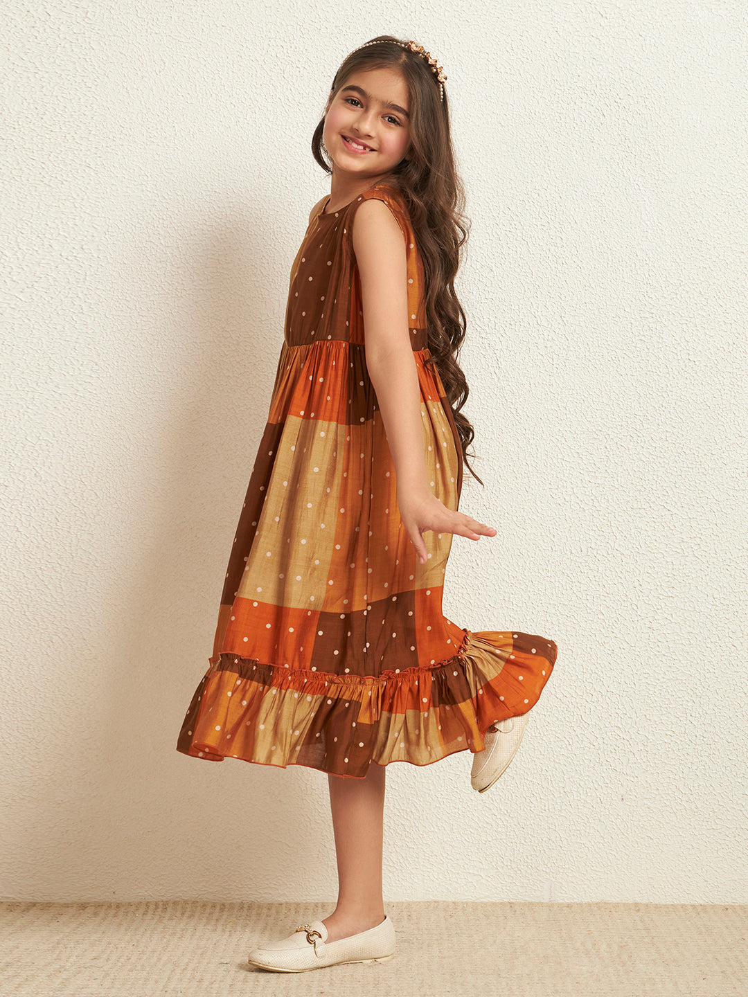 Girl's Multi Color Modal Chanderi Patch Print Tiered Dress