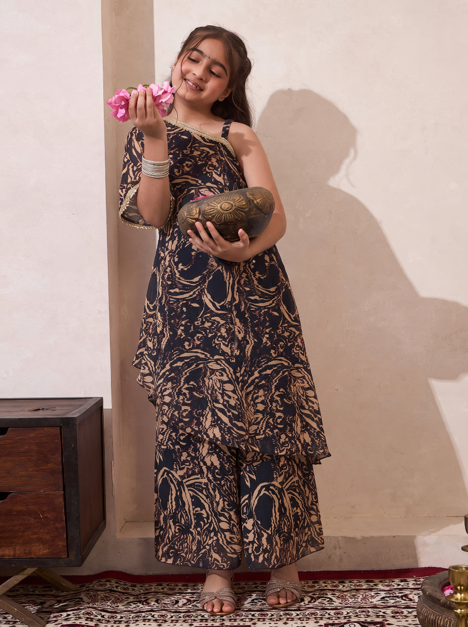 Black Abstract Print Chiffon One Shoulder Kurta With Palazzo