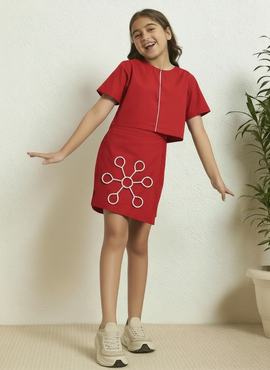 Red Cotton Round Neck Crop Top and Skirt Set For Girls