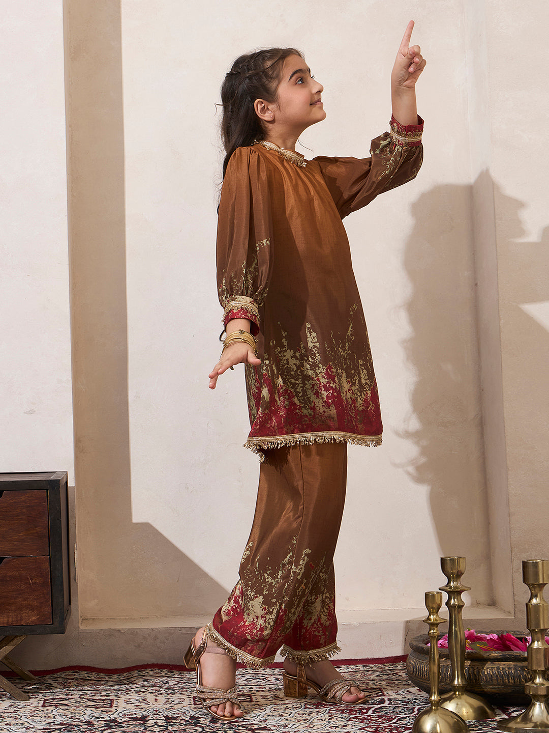 Tie-Dye Mustard Gathered Neck Kurta With Pant