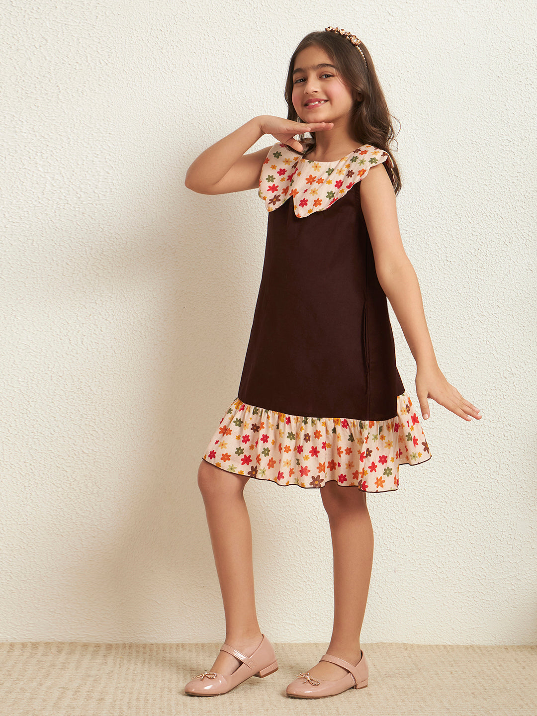 Girl's Brown Cotton Flex Solid With Floral Print A-Line Dress