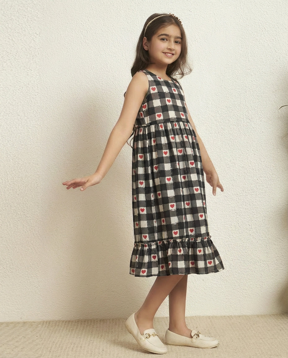 Girl's Black Cotton Check Heart Print Tiered Dress
