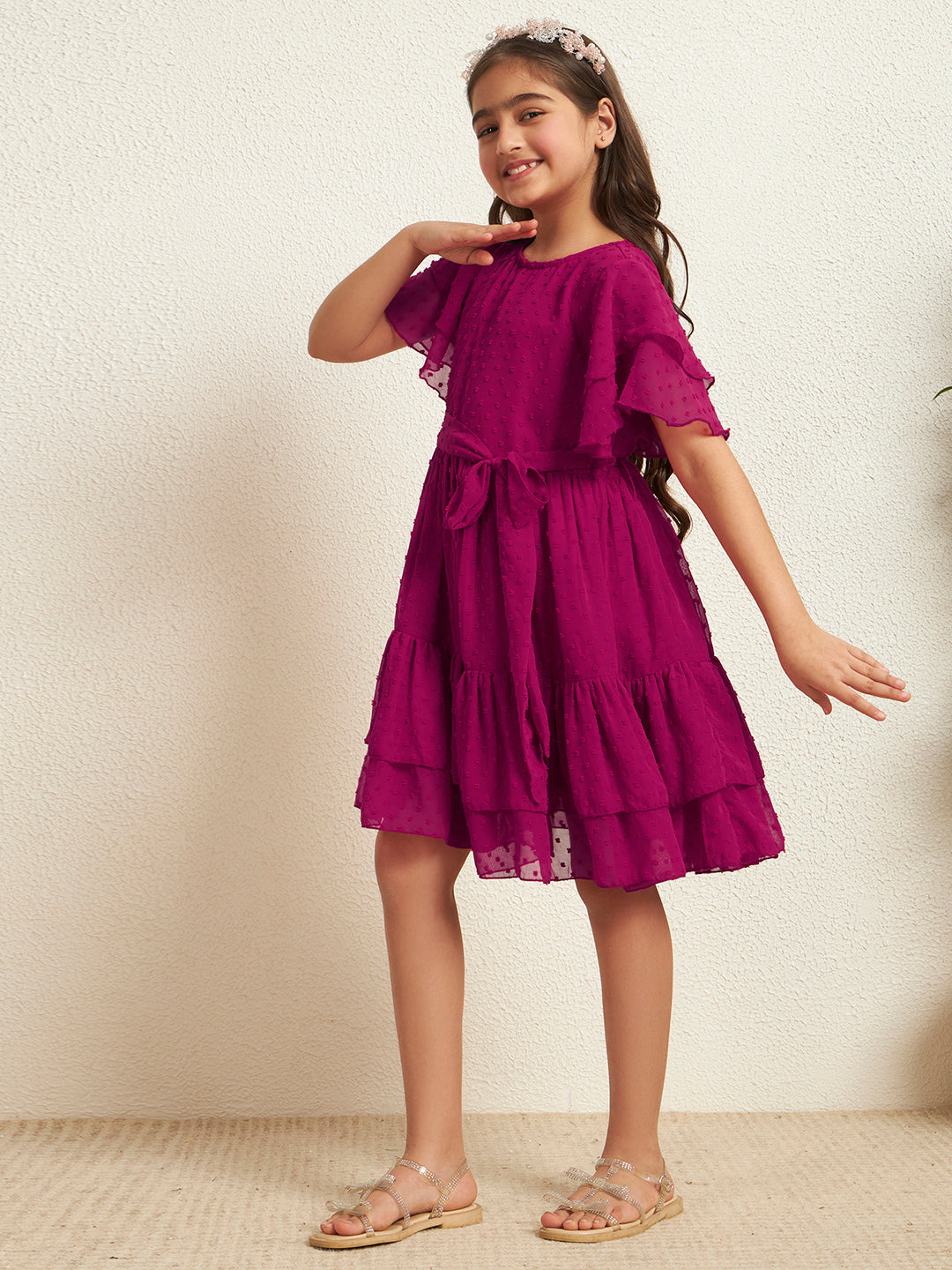 Girl's Magenta Dobby Georgette A-Line Tiered Dress