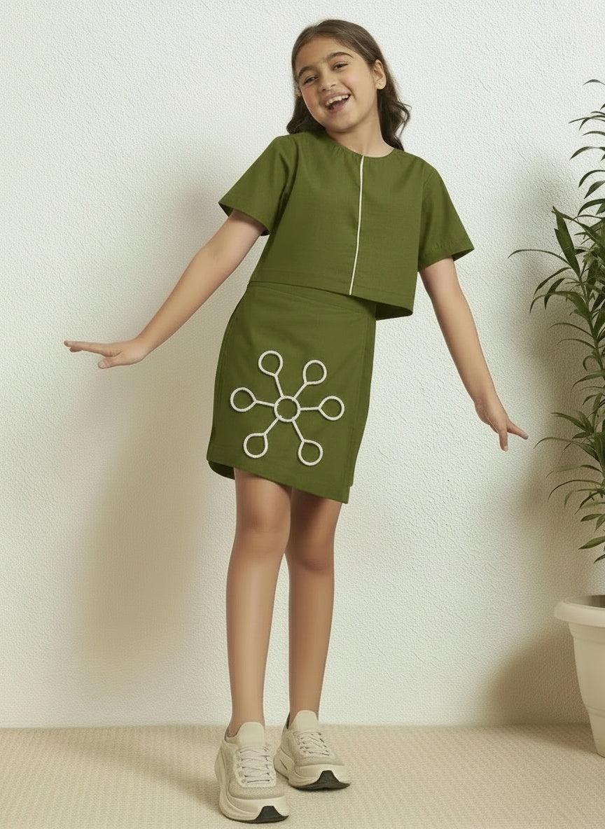 Olive Green Cotton Round Neck Embroidered Crop Top and Skirt Set For Girls