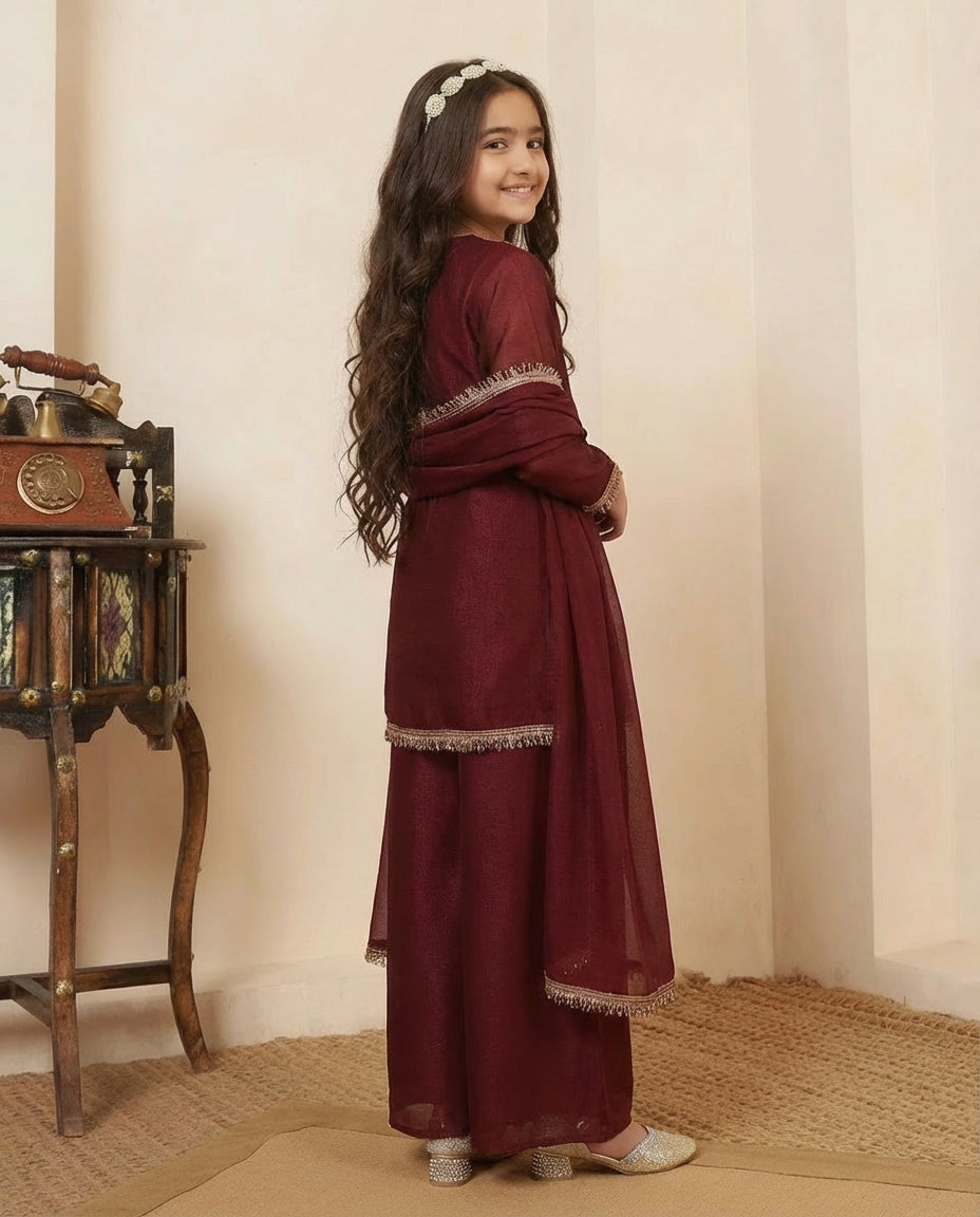 Georgette Maroon 3 Piece Co-Ord Set