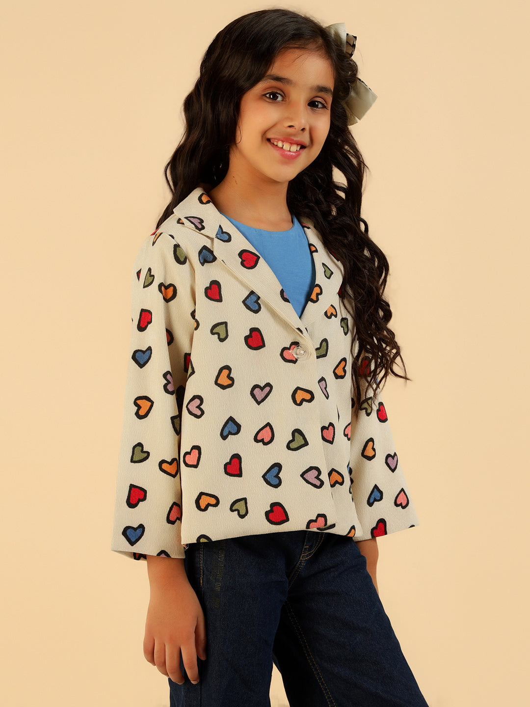 Girl Full Sleeves MultiColor Heart Print Blazer