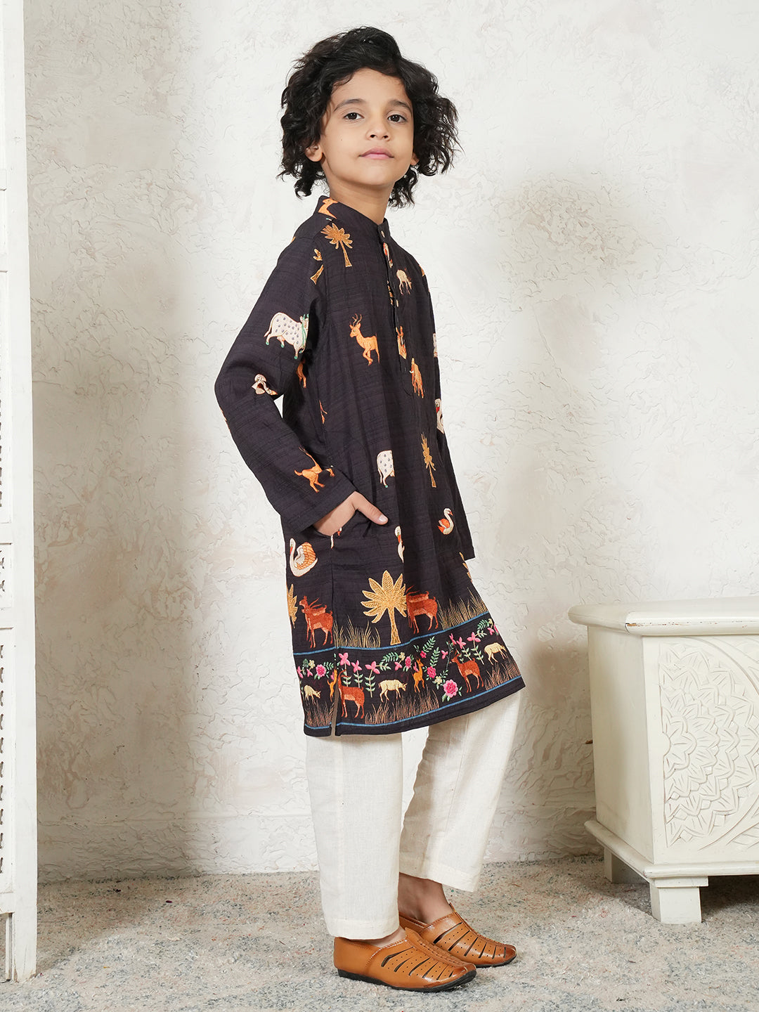 Animal Print Charcoal Black Kurta For Boys