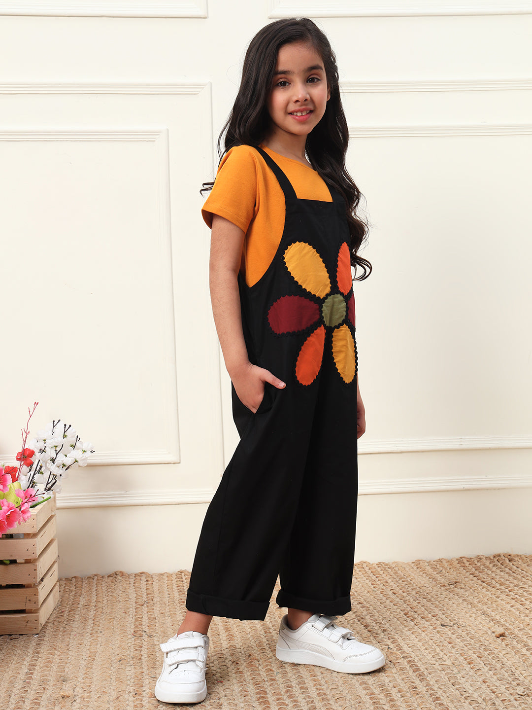 Multicolor Big Flower Patch Girls' Jumpsuit (T-shirt not included)