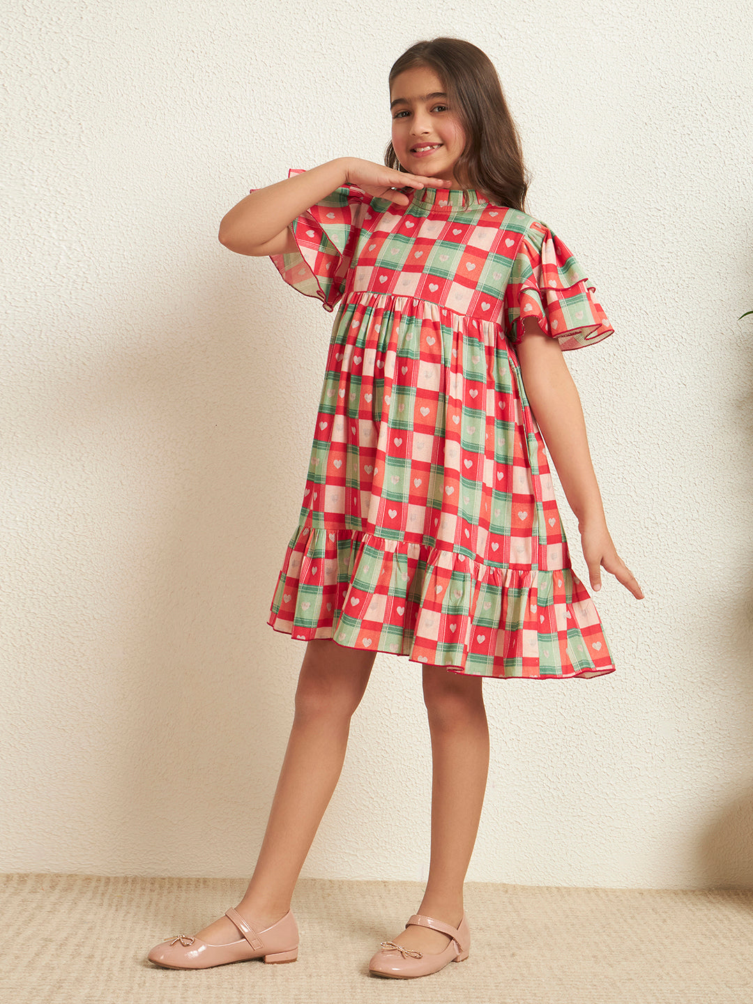 Girl's Multi Color Cotton Flex Check Print Knee Length Dress