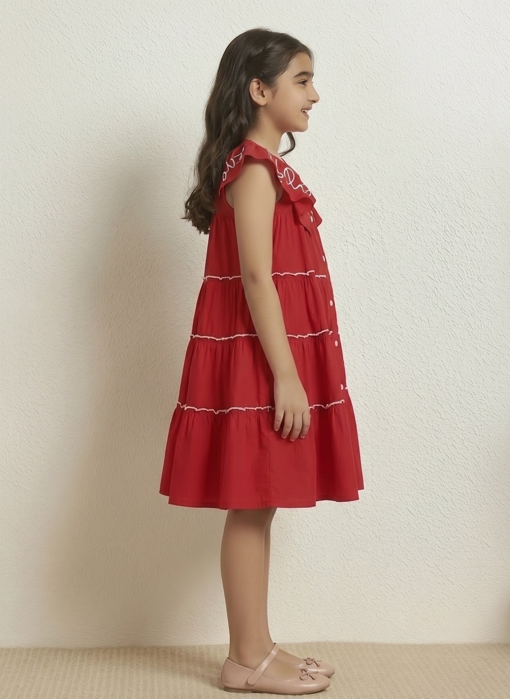 RED SHIRT STYLE TIERED DRESS FOR GIRLS