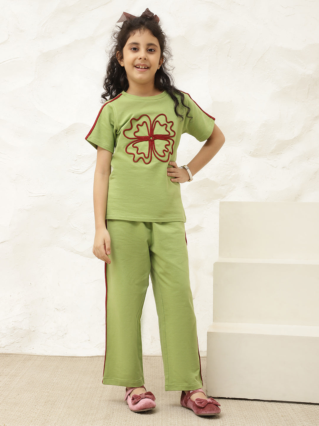 Green Pure Cotton Knit T-Shirt & Pants Co-Ord Set