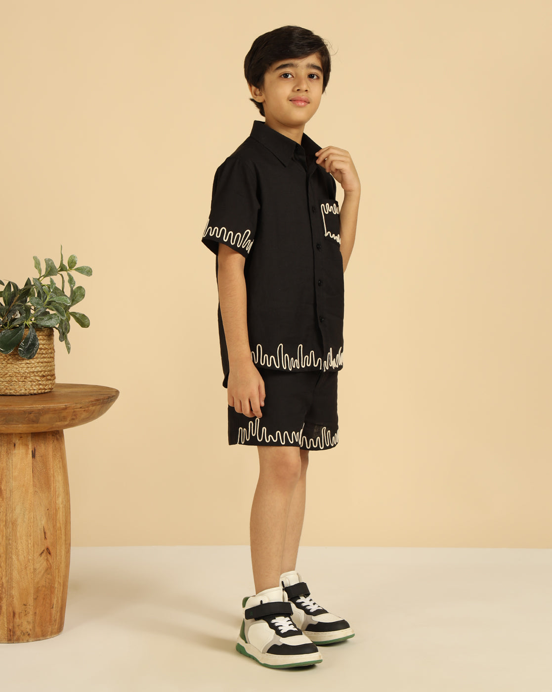 Black Embroidered Shirt With Short For Boys
