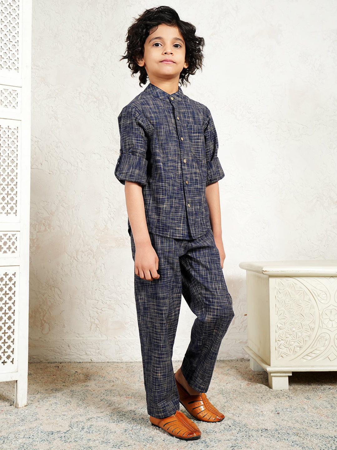 Navy Blue Pure Cotton Handloom Cotton Co-Ord Set For Boys