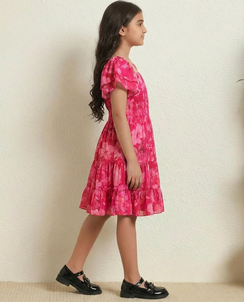 Magenta Tiered Dress For Kids