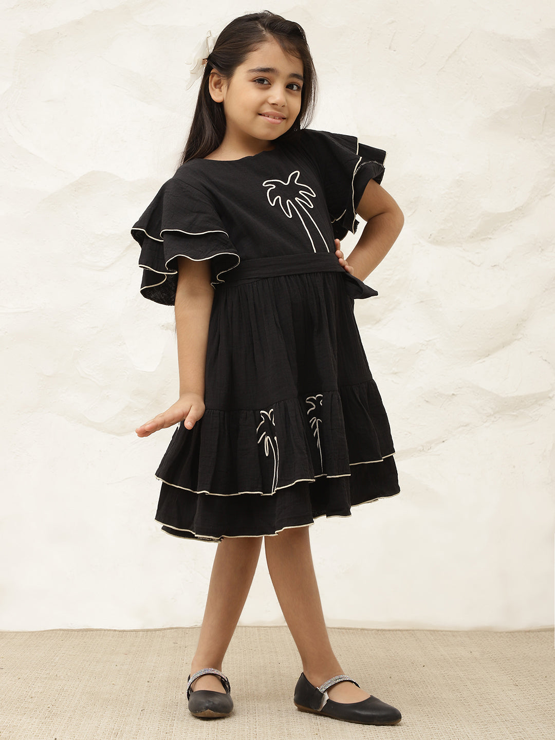 Embroidered Palm Motif Pure Cotton Gauze Dress For Girls