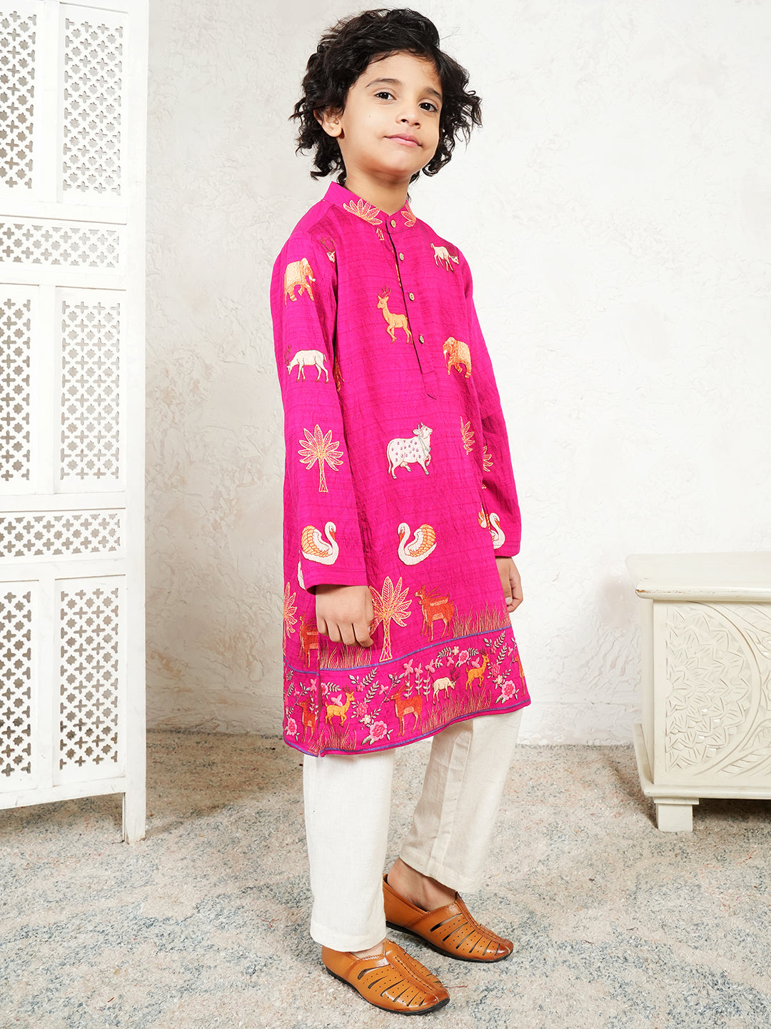 Animal Print Magenta Kurta For Boys