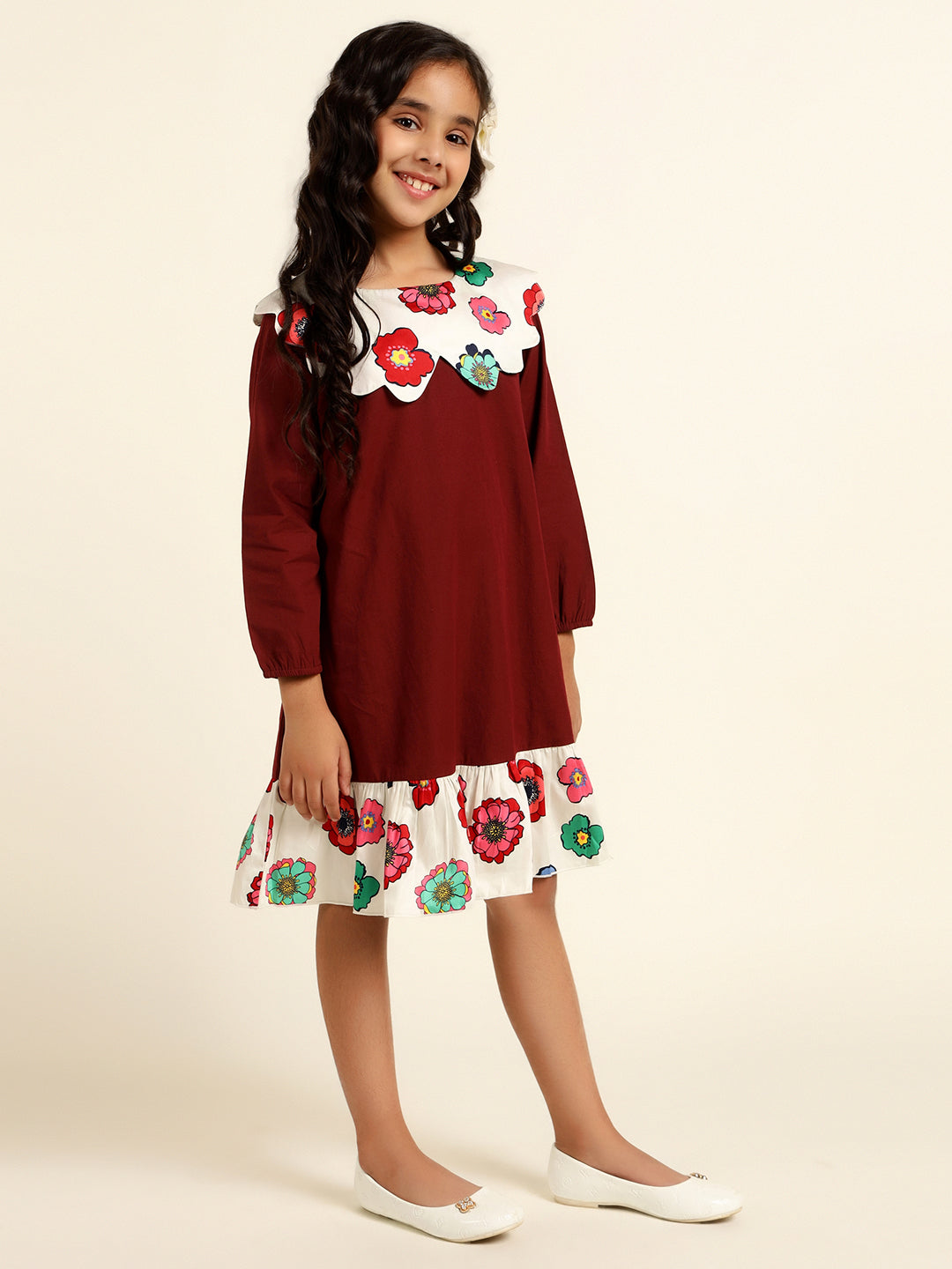 Full Sleeves Scalloped Collar A-Line Dress