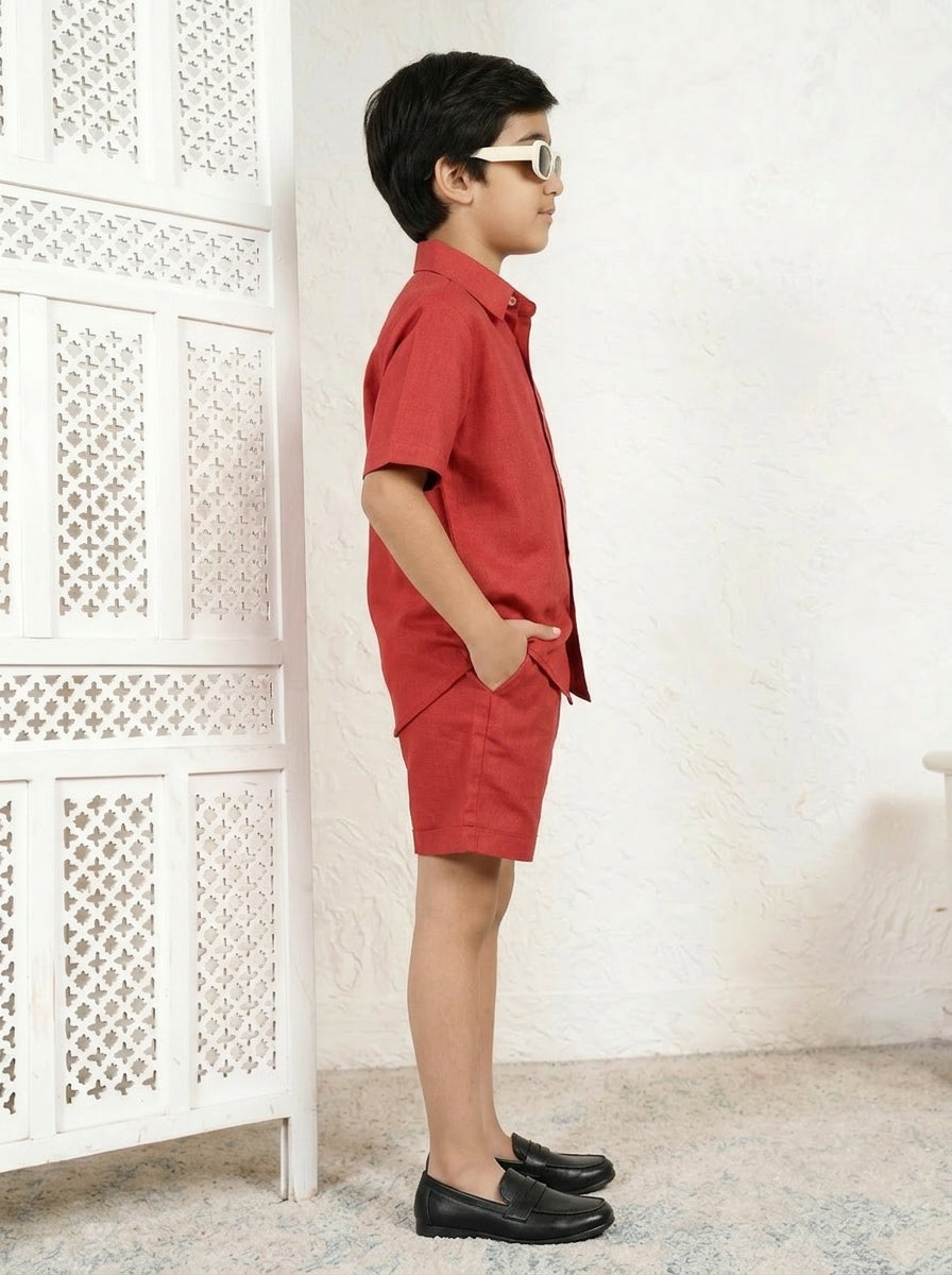 Red Cotton Printed Shirt Collar Shirt With Shorts Co-ord Set