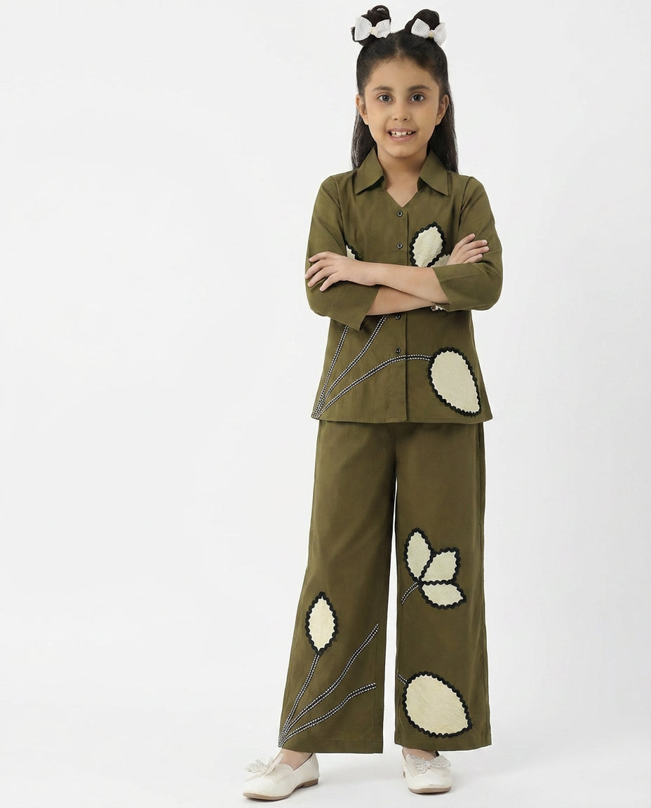 Olive Green Cotton  Patch Floral Shirt With Pant Girl Co-ord Set