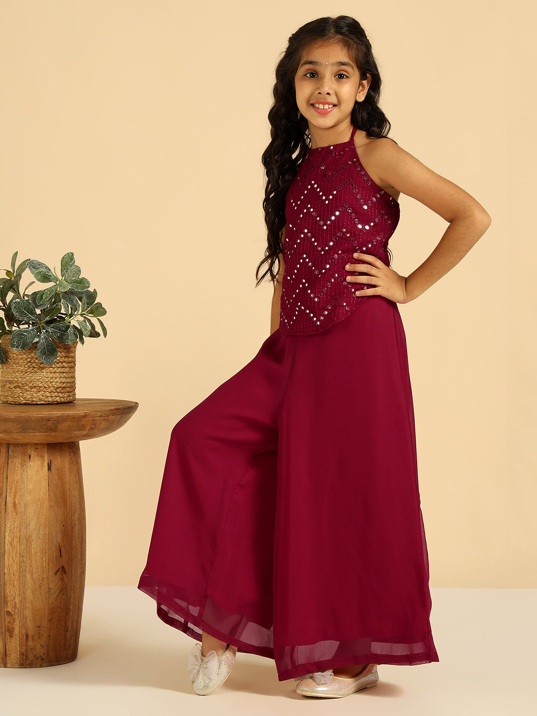 Magenta Embroidered Top With Sharara Girls Co-Ord Set