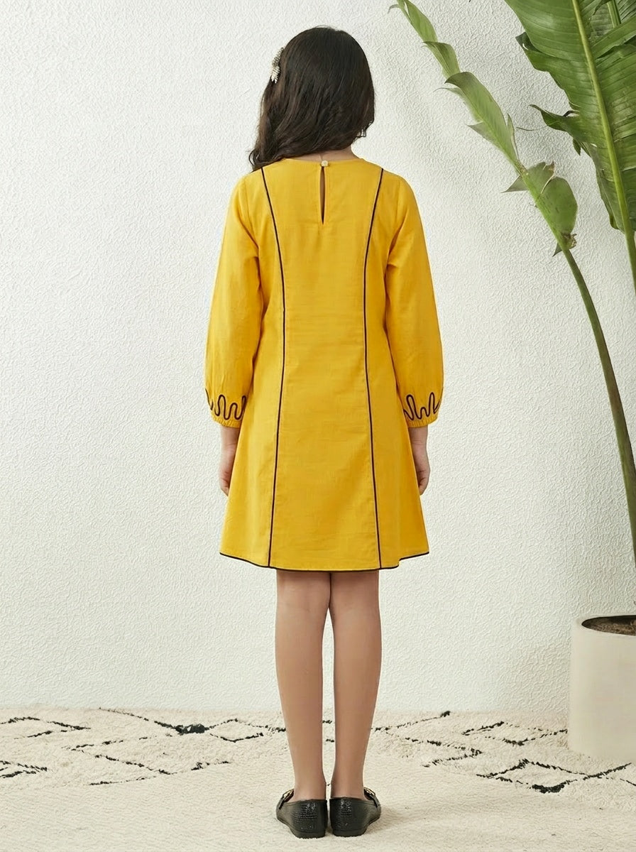 Yellow Cotton Fish Motif Above Knee Length Dress