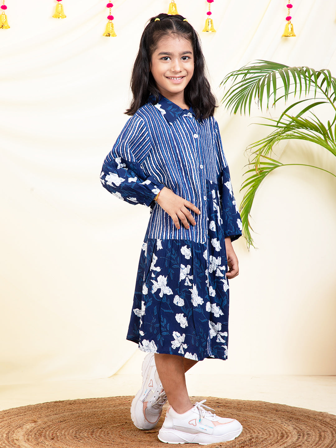 Indigo Printed Gathered Girls Shirt Dress
