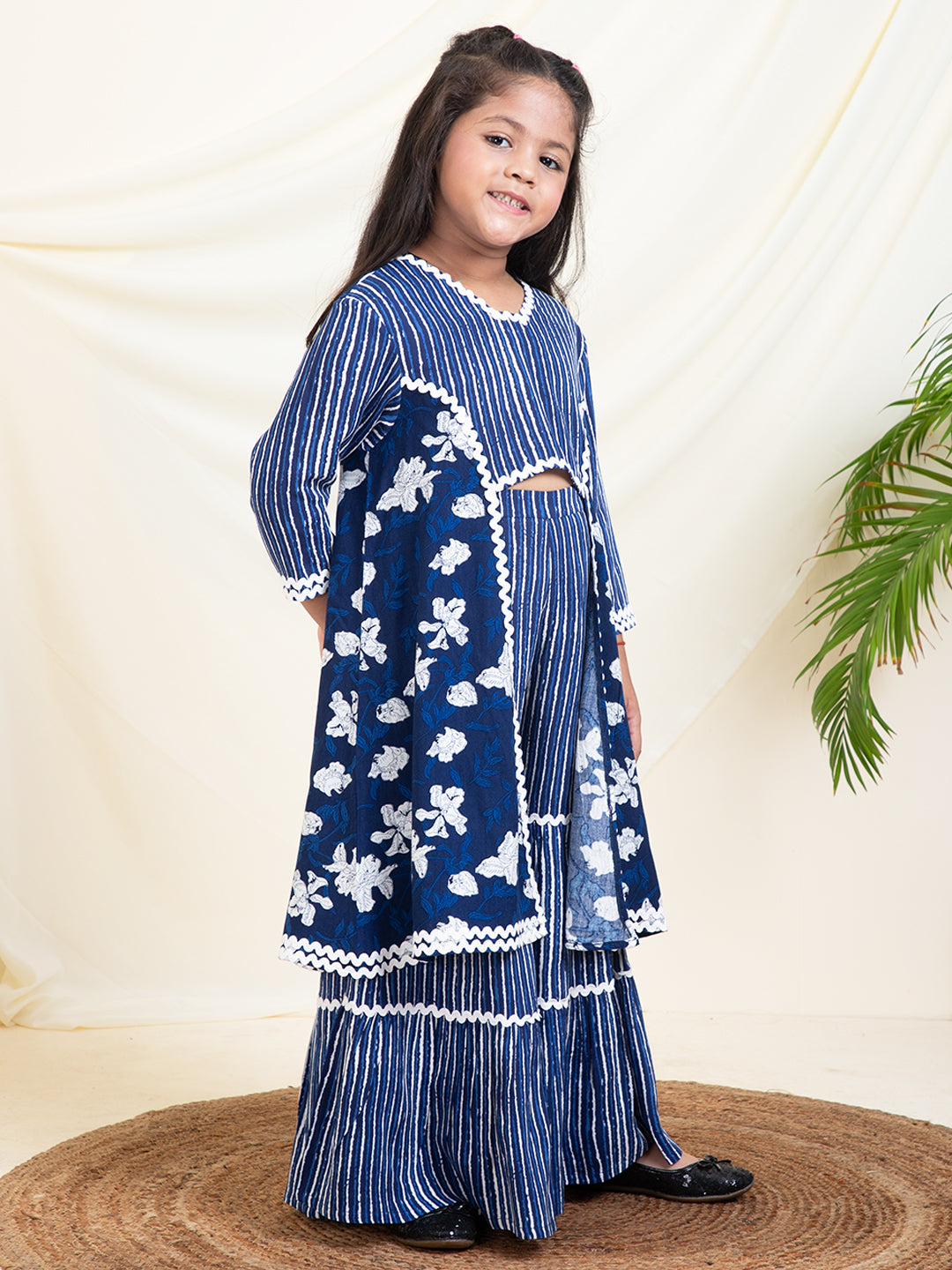 Stripes Print Top With Sharara & Floral Shrug