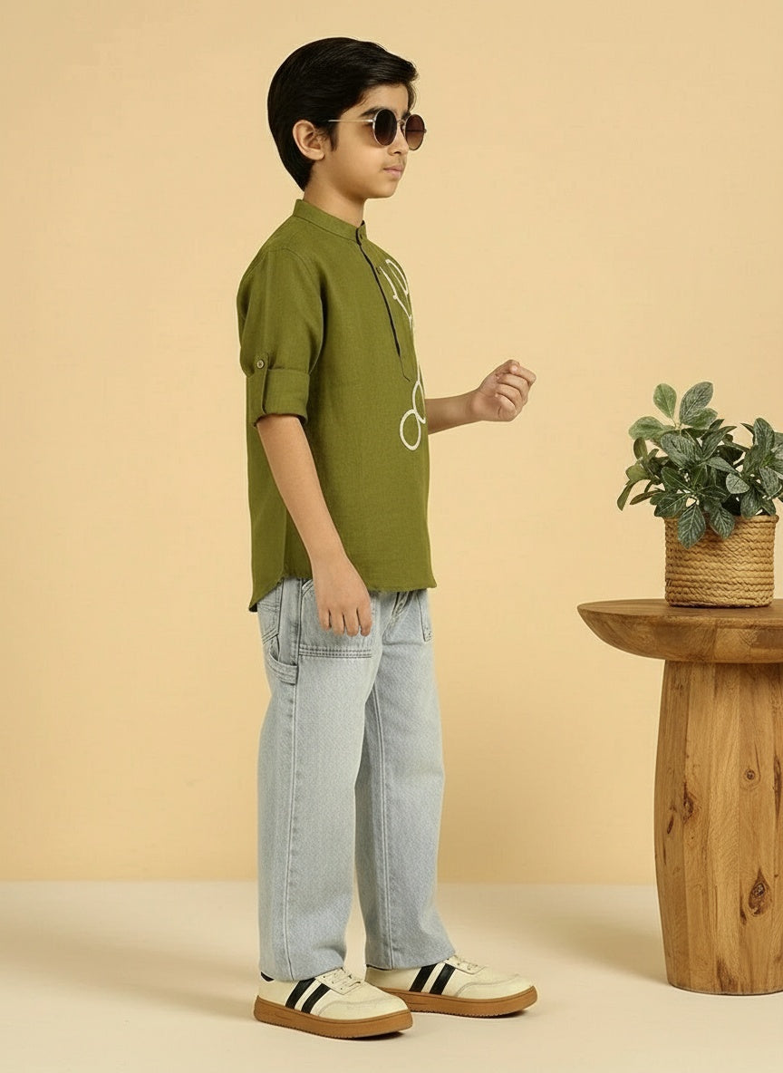 Sea Green Cotton Mandrain Collar  Short Kurta For Boys
