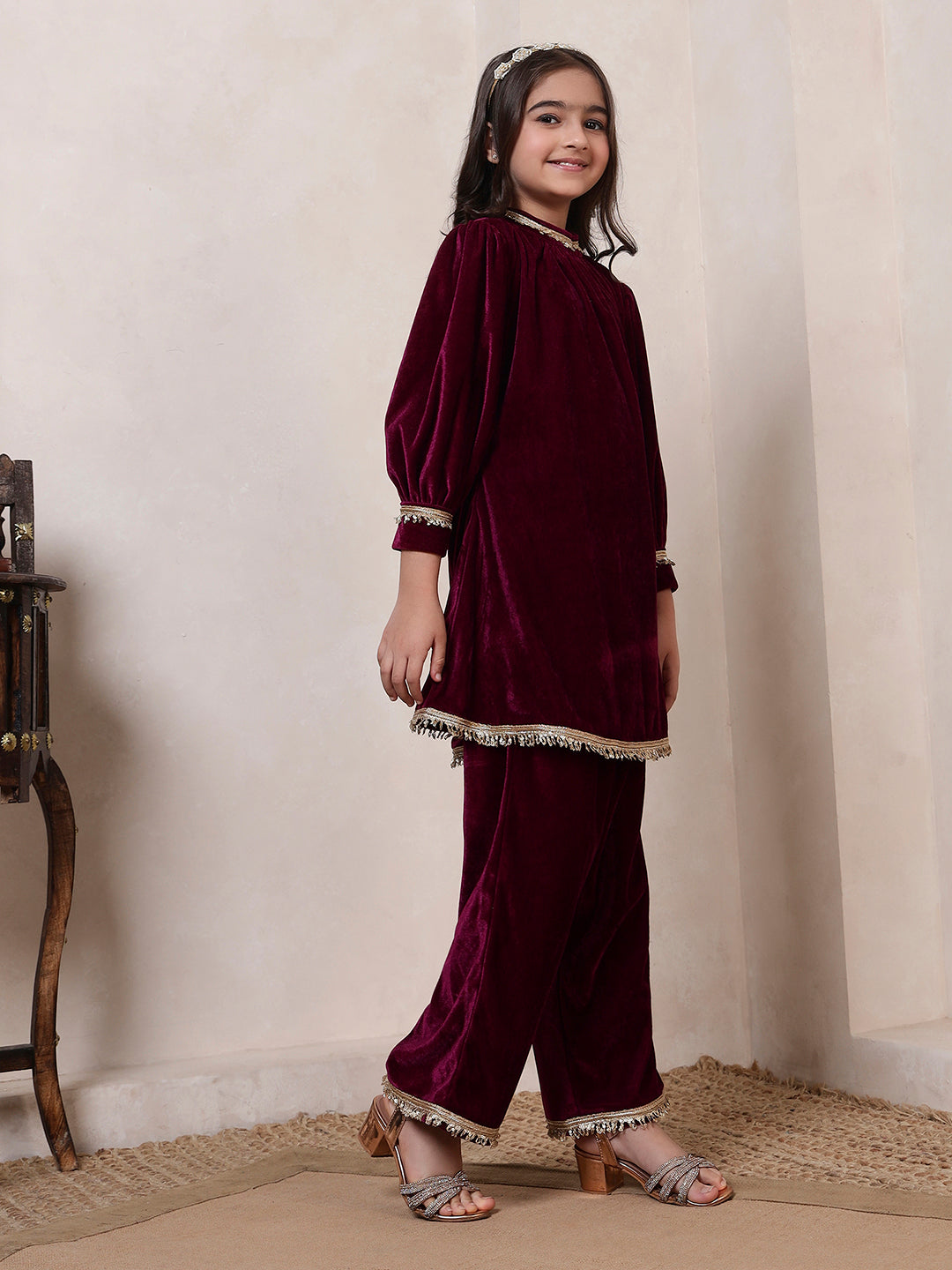 Velvet Band Collar Fusion Kurta Set