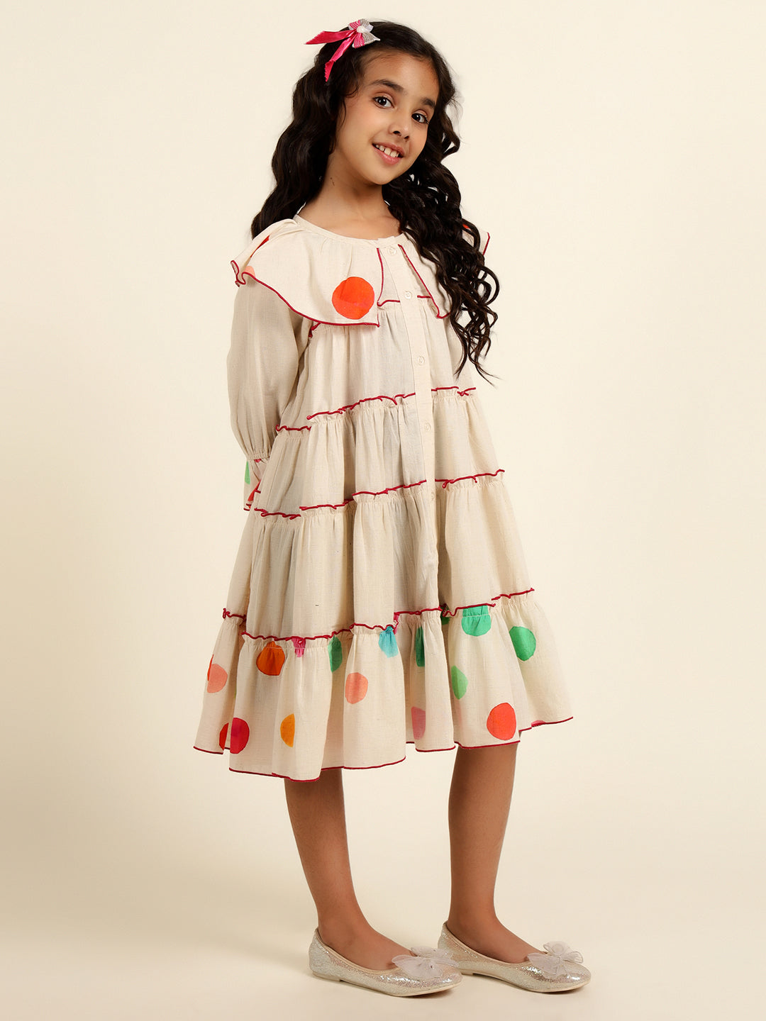 Polka Print Tiered Shirt Dress For Girl