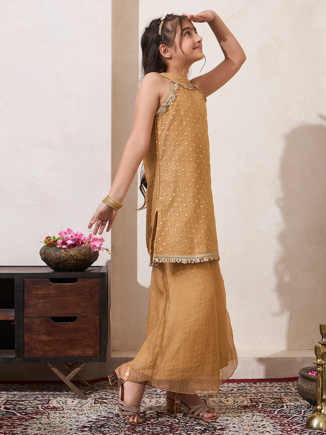 Golden Shimmer Butti Work Halter Neck Kurti & Palazzo With Dupatta