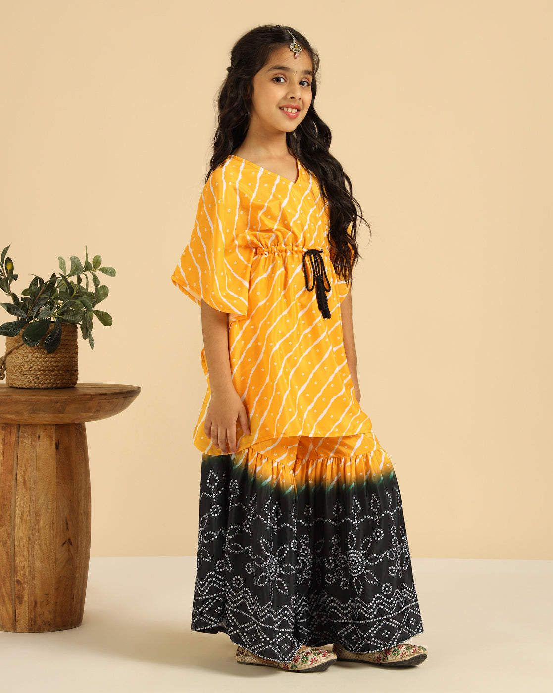Yellow Striped Kaftan With Sharara Indo Western Girls Co-Ord Set