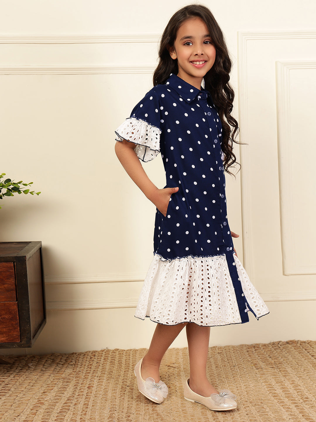 Polka Dot Loose-Fit Schiffli Tiered Shirt Dress