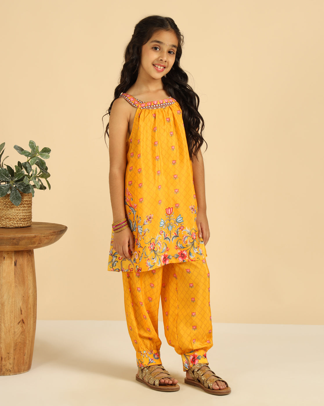 Yellow Halter Neck Top With Gathered Pant Indo Western Girls Co-Ord Set